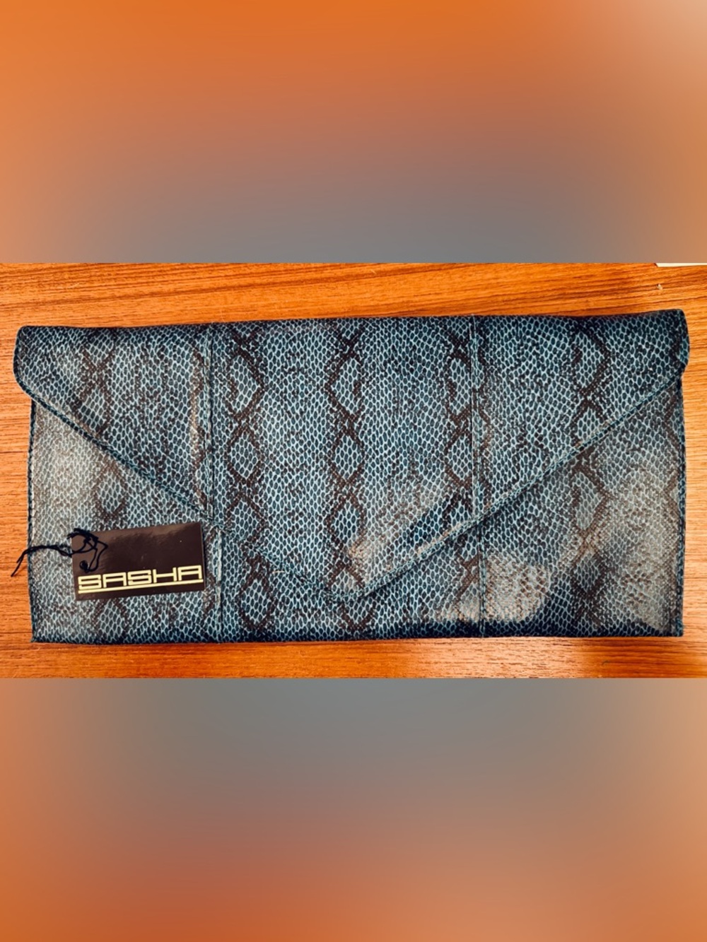 Sasha—Blue Faux Python Clutch, Envelope Flap, w/ Attachable Shoulder Strap